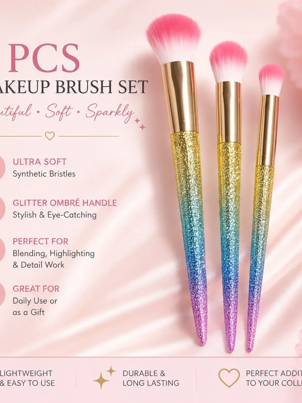 3-Piece Glitter Ombre Makeup Brush Set | Pink Bristles | New